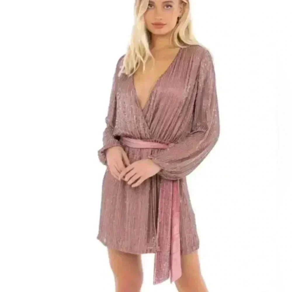 Karina Grimaldi‎ $350 Garda Beaded Wrap Mini Pink Dress Barbiecore Formal Hoco
